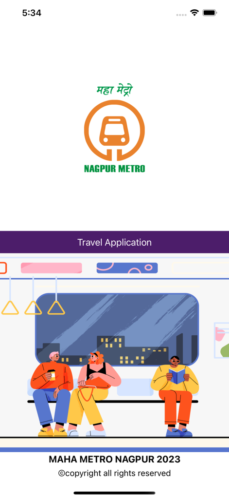 Nagpur Metro Rail - Nagpur Metro Rail app splash screen featuring the official Maha Metro logo and commuters sitting inside a train.