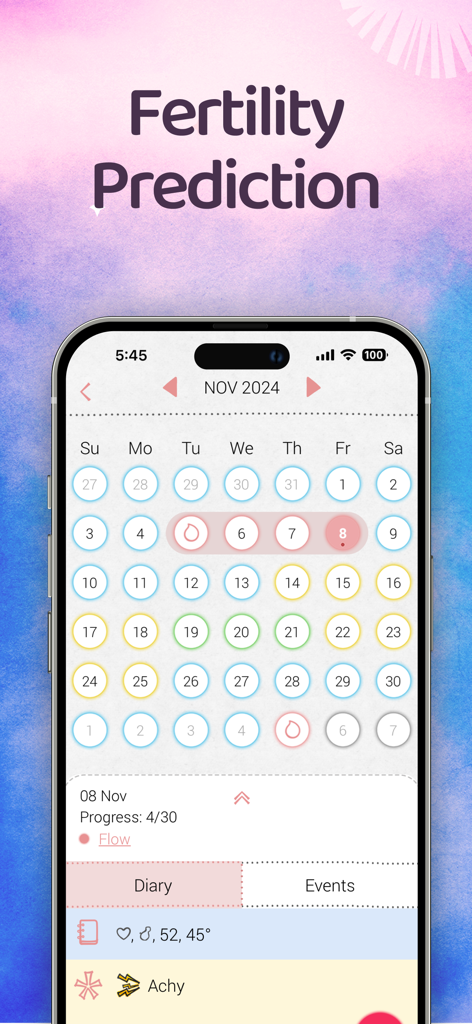 Maya - Period & Health - 妊娠可能性予測と月経周期カレンダーを示すMayaアプリのインターフェース