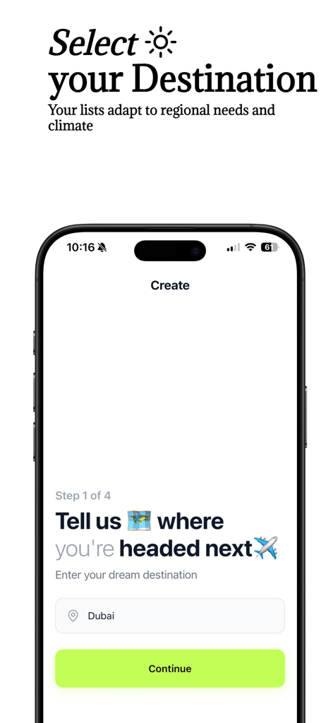 Pantalla de la aplicación Bagio para ingresar un destino de viaje para crear una lista de equipaje personalizada