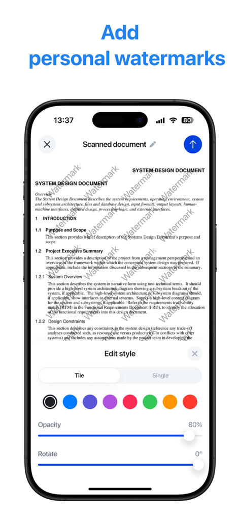PDF Scanner - Scan & Convert - Interface of a PDF scanner app showing customization options for adding watermarks to a document.