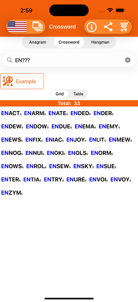 Anagram Solver: Crossword Find - Interface of the Anagram Solver app showing crossword search results for words starting with EN