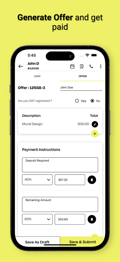 Book An Artist - Mobile app interface for artists to generate a project offer including mural design description and split payment instructions.
