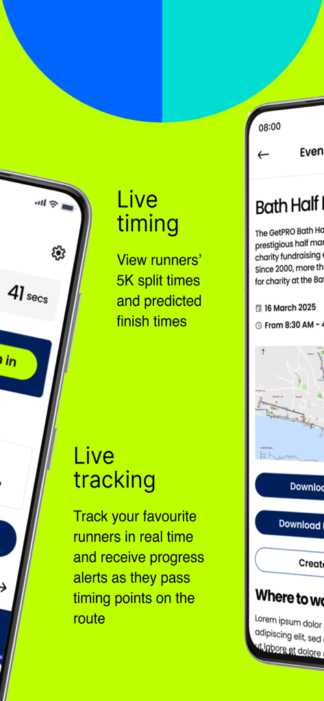 Eine mobile App-Oberfläche für den Bath Half Marathon, die Live-Tracking- und Zeitmessungsfunktionen anzeigt