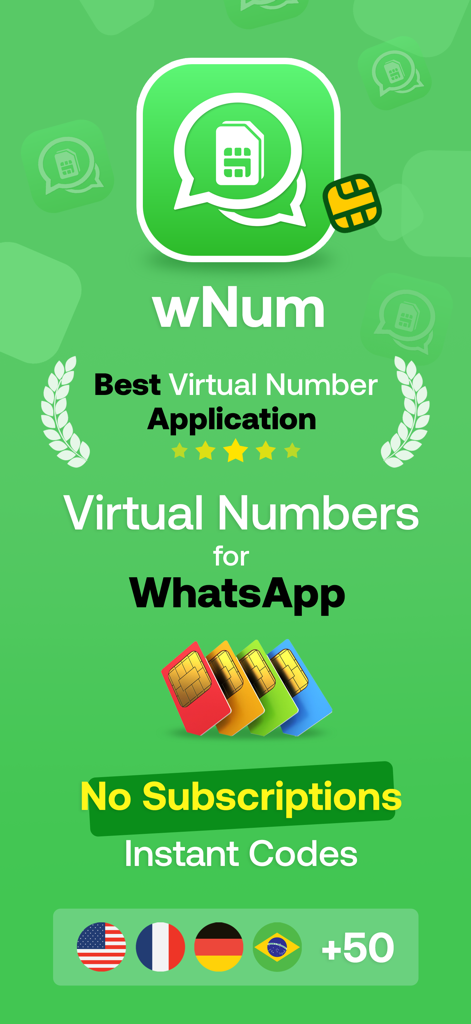 wNum | Number for WA Business - Schermata promozionale dell'app wNum che offre numeri di telefono virtuali per WhatsApp con codici di verifica istantanei