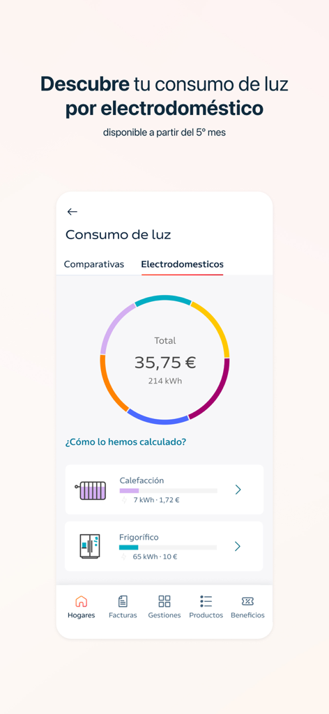 Repsol Vivit - Captura de pantalla de la aplicación Repsol Vivit que muestra un desglose del consumo de electricidad por electrodomésticos con costos en euros.