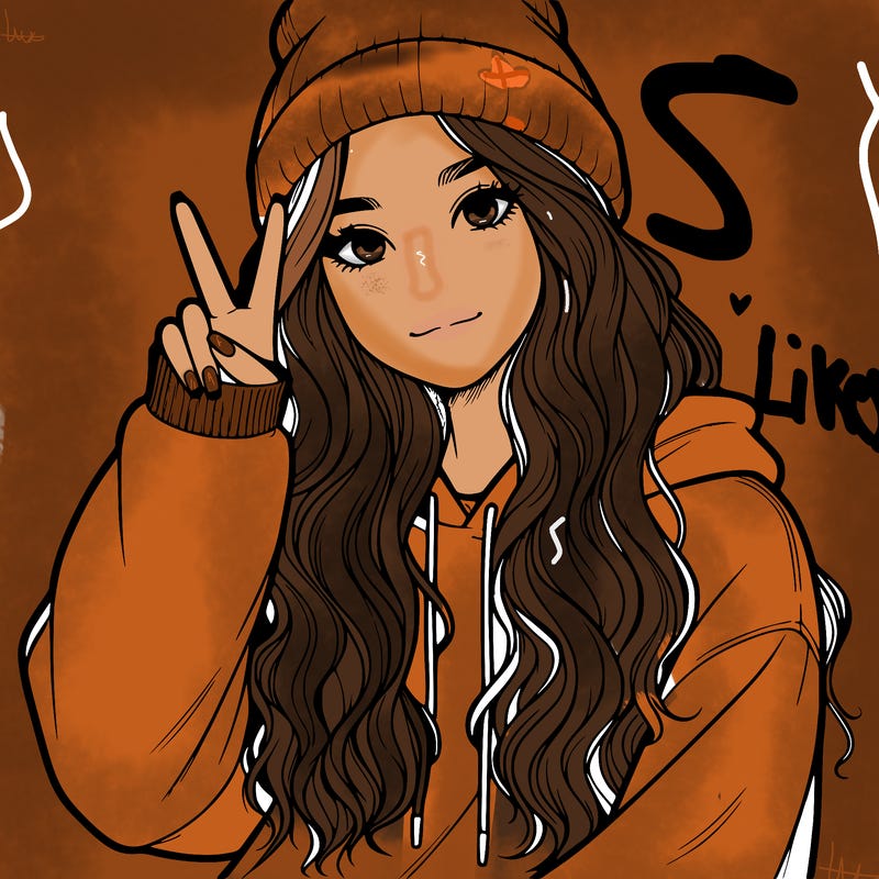 a teenage girl in a beanie, oversized sweatshirt, wavy long hair, and is showing a ✌️