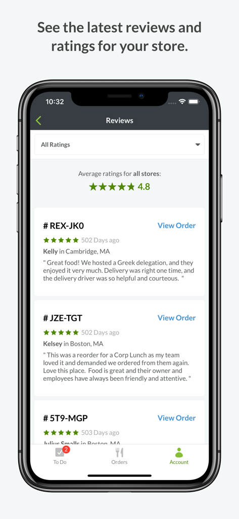 Ecrã da aplicação ezManage mostrando avaliações de clientes de catering e classificações da loja