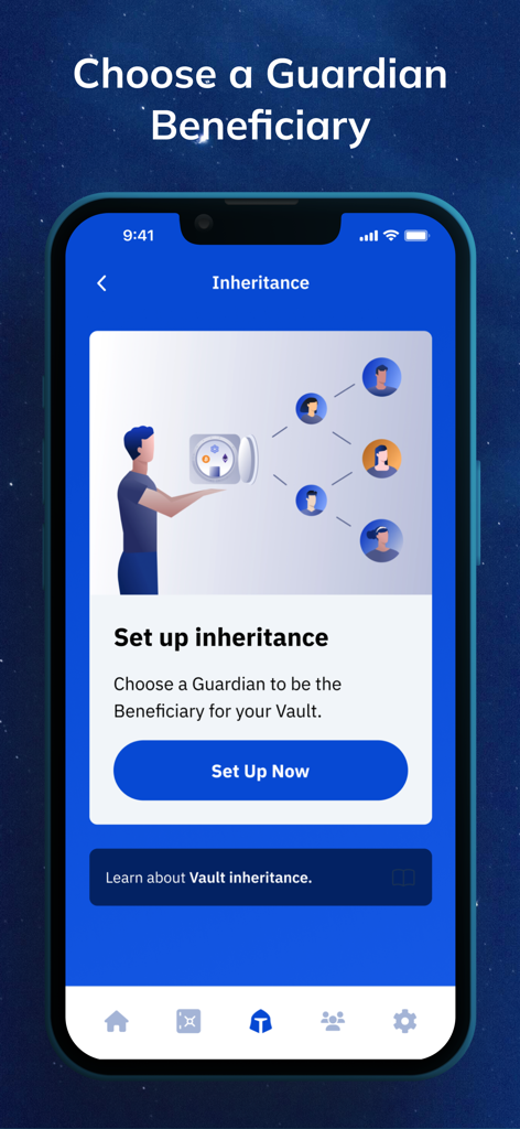 Vault12 Guard mobile app screen for setting up crypto inheritance with a guardian beneficiary