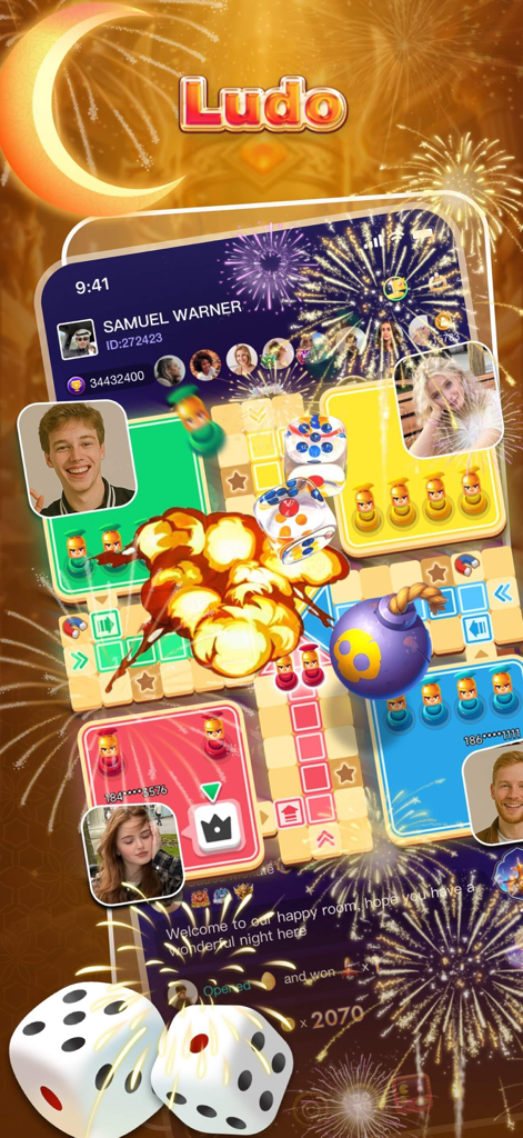 UME- Group Voice Chat Rooms - Schermata del gioco Ludo multigiocatore all'interno dell'app di chat vocale UME con foto profilo utente e effetti di sfondo festivi.