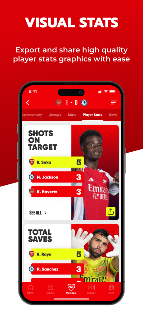 A mobile interface from the Gunners app displaying visual football player statistics for shots on target and total saves