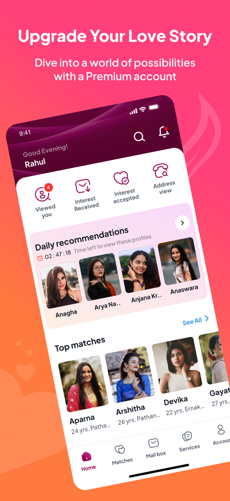 Dashboard of Nest Matrimony app showing profile recommendations and top matches.