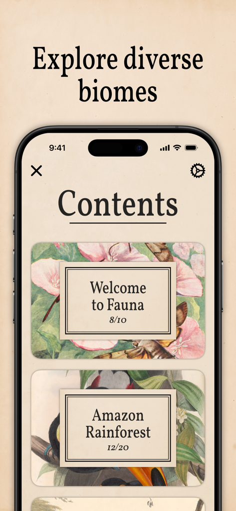Art of Fauna: Cozy Puzzles - A menu screen titled Contents showing different biomes and puzzle categories in the Art of Fauna app.