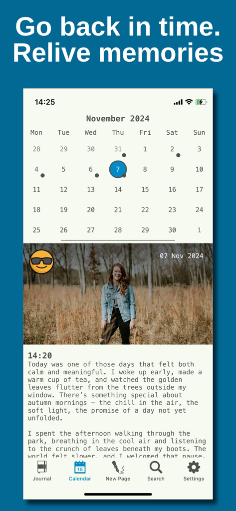 My Daily Diary ‎ - Una captura de pantalla de la aplicación Mi Diario Personal que muestra una vista de calendario sobre una entrada de diario con una foto adjunta e icono de estado de ánimo.