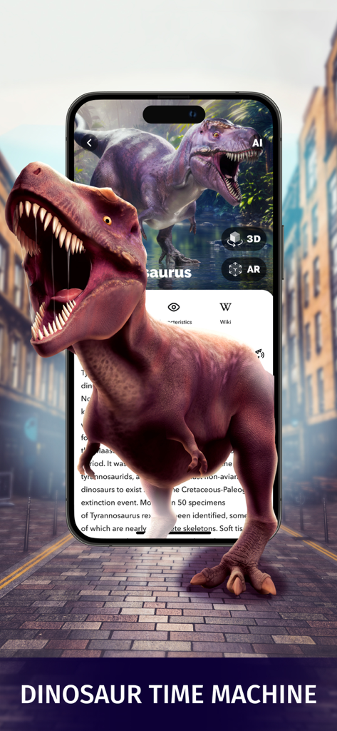 Dinosaur World Alive AR: Facts - A 3D T-Rex appearing to walk out of a smartphone screen onto a city street using AR