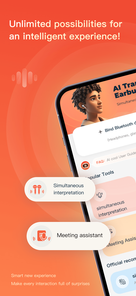 AICOOL Market - Interfaz de la aplicación móvil AICOOL Market que muestra interpretación simultánea y herramientas de asistente de reuniones.