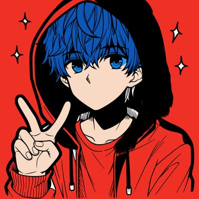 teenage manga boy in a hoodie, doing ✌