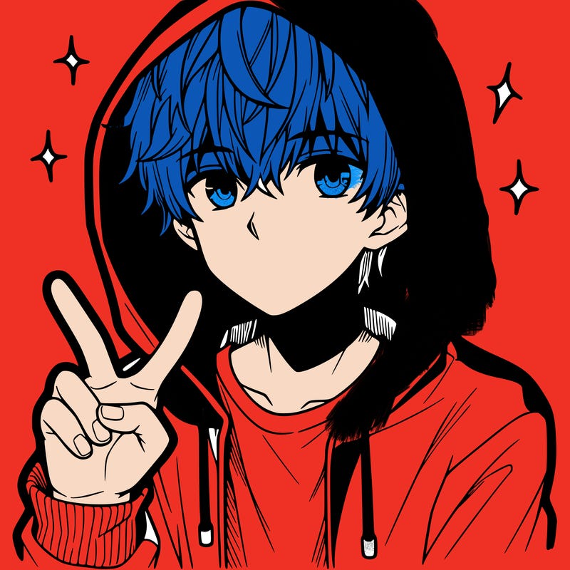 teenage manga boy in a hoodie, doing ✌