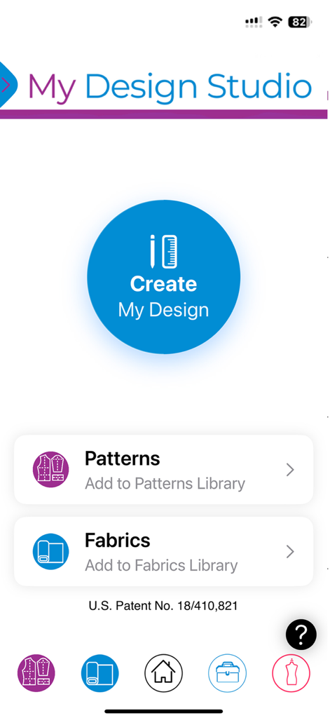 My DIY Fashion Design Studio - Tela inicial do aplicativo Meu Estúdio de Design de Moda DIY com opções para criar designs e gerenciar bibliotecas de moldes e tecidos.