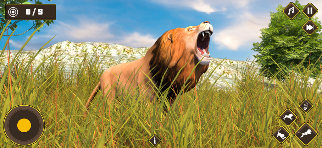 León rugiendo en un juego simulador de animales en 3D con controles en pantalla