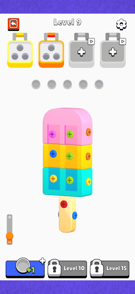 Screw Jam - Gameplay of Screw Jam showing a popsicle shaped puzzle with colorful screws to sort