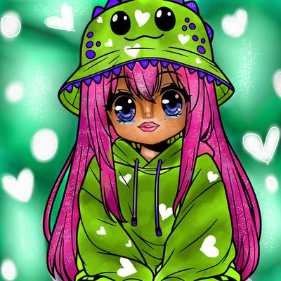 girl with anime shaped eyes with a dinosaur bucket hat oversized sweatshirt long straight hair