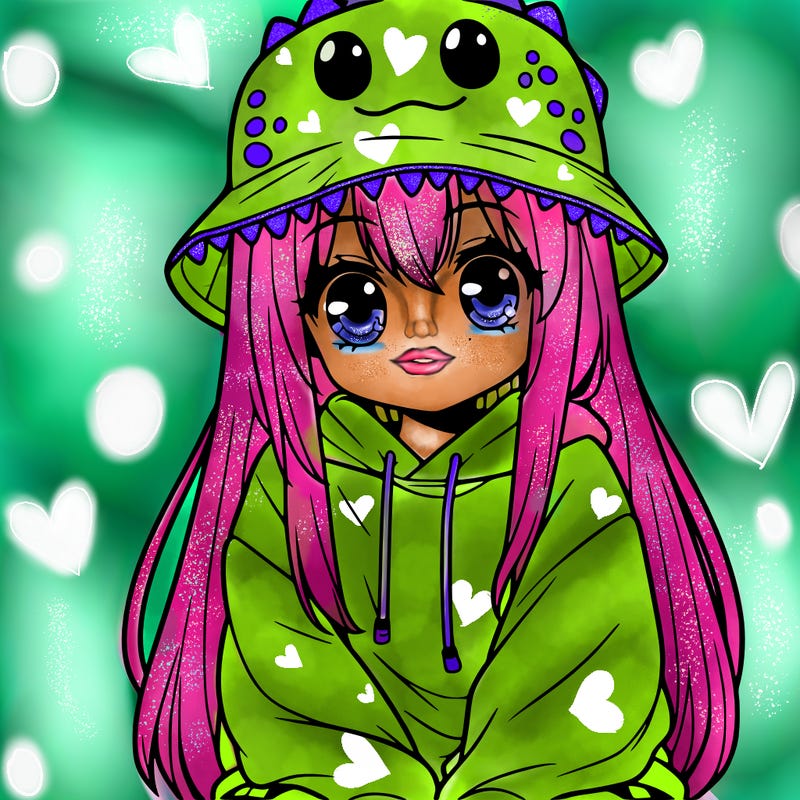 girl with anime shaped eyes with a dinosaur bucket hat oversized sweatshirt long straight hair