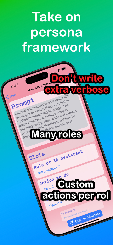 AI Prompt Builder - AI Prompt Builder app screenshot showing the persona framework for creating custom AI roles and actions.