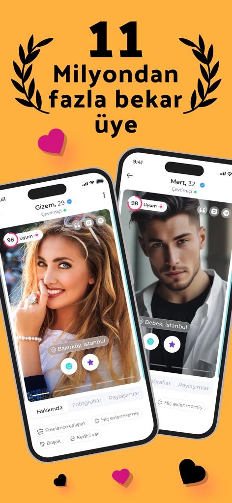 Pembe Panjur dating app interface displaying two user profiles and 11 million members text