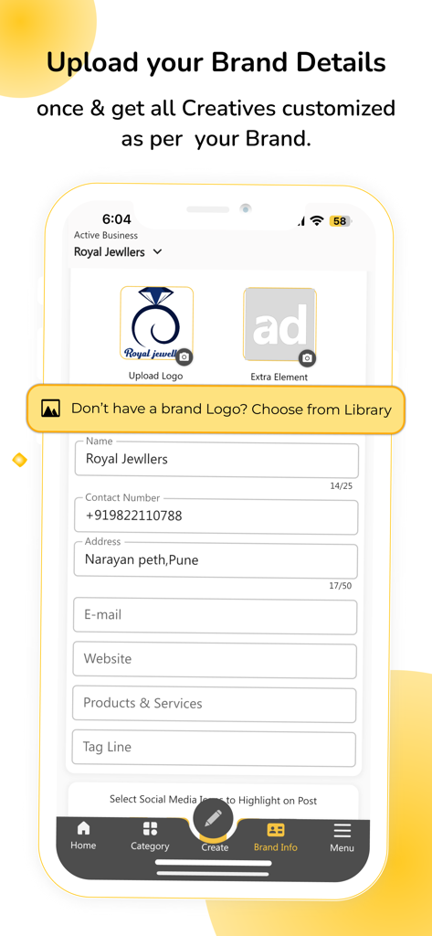 AdBanao: Poster & Video Maker - AdBanaoでのブランドロゴとビジネス情報のアップロード用インターフェース