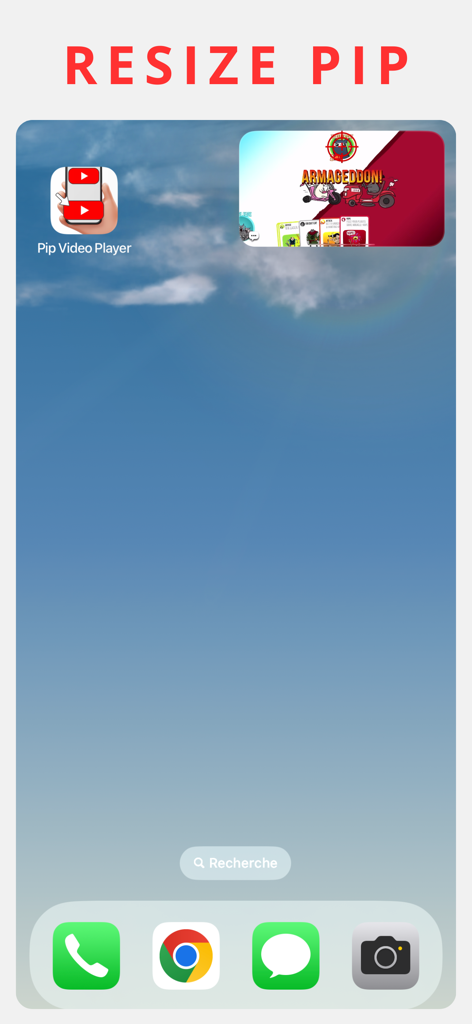 Pip Video Player - Capture d'écran de Pip Video Player montrant une fenêtre vidéo Picture-in-Picture redimensionnable sur l'écran d'accueil d'un iPhone.
