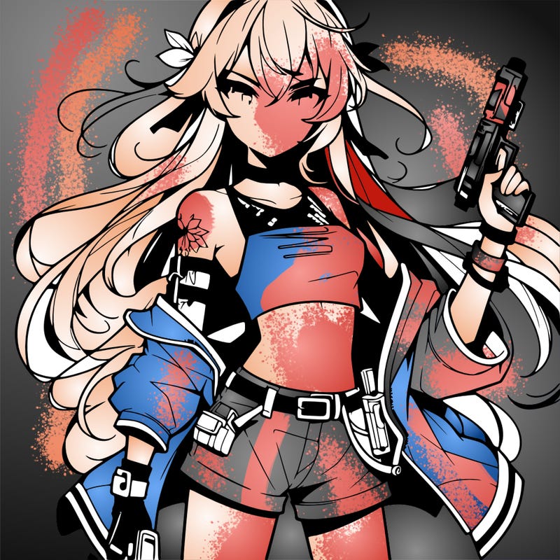bad girl wearing crop top holding a gun long hair anime