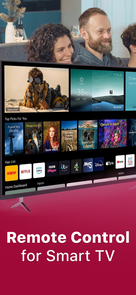 A happy family sitting together on a couch watching a smart TV screen with streaming apps