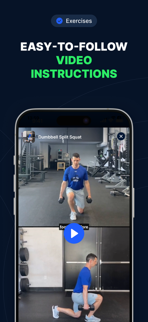 Fit For Golf 2.0 - Fit For Golf app screen showing video instructions for a dumbbell split squat exercise
