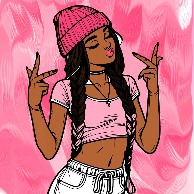 realistic teenage girl with braids and a beanie and crop top doing 🫶🏼