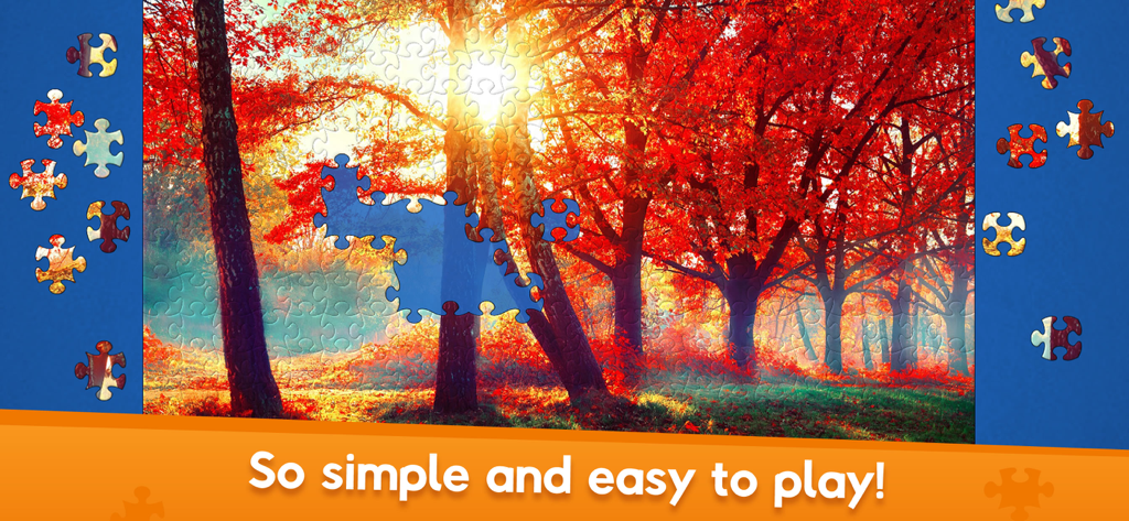 Jigsaw World - A digital jigsaw puzzle of a sunlit autumn forest with colorful red and orange leaves