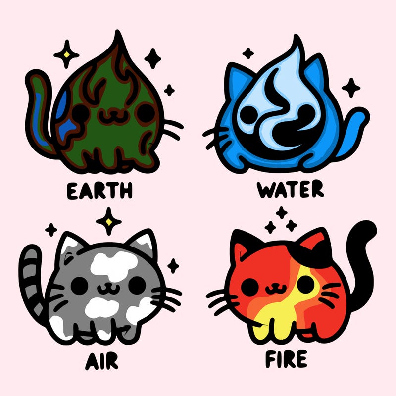 4 cats that represent the different elements, earth, water, air, and fire