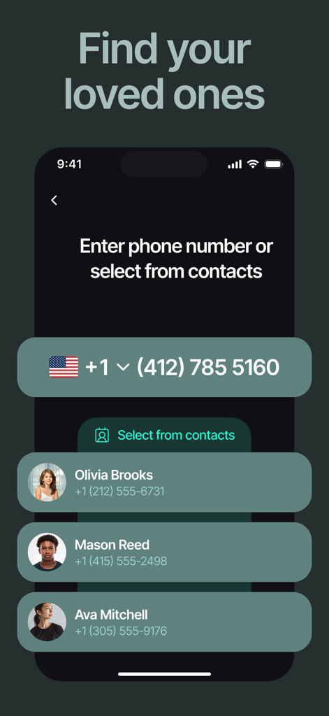 Interfaz de la aplicación Phone Tracker mostrando opciones para ingresar un número de teléfono o seleccionar de los contactos para rastrear a sus seres queridos