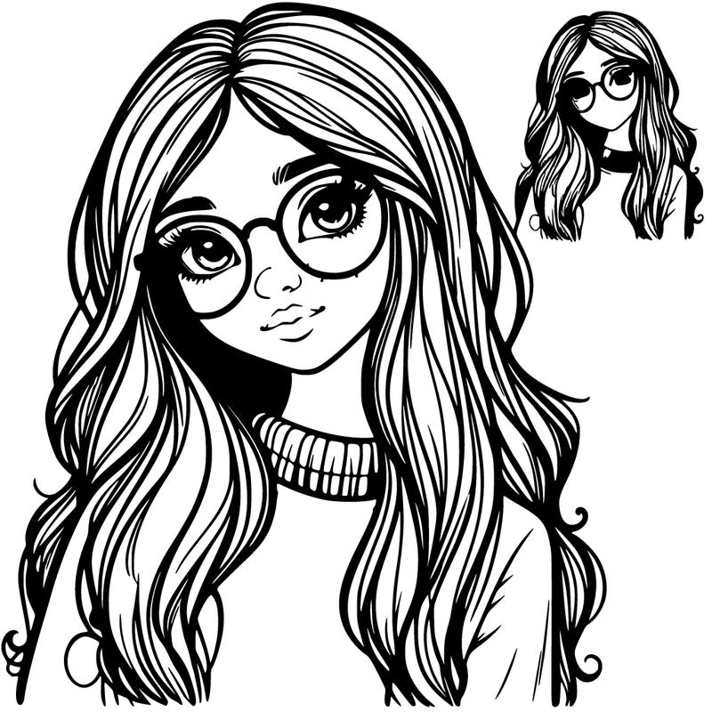 girl with long hair and freckles and realistic glasses