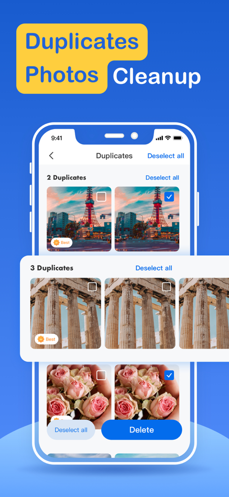 Storage Cleaner app interface showing duplicate photos identified for deletion