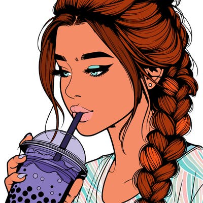 realistic girl drinking boba tea with braided hair
