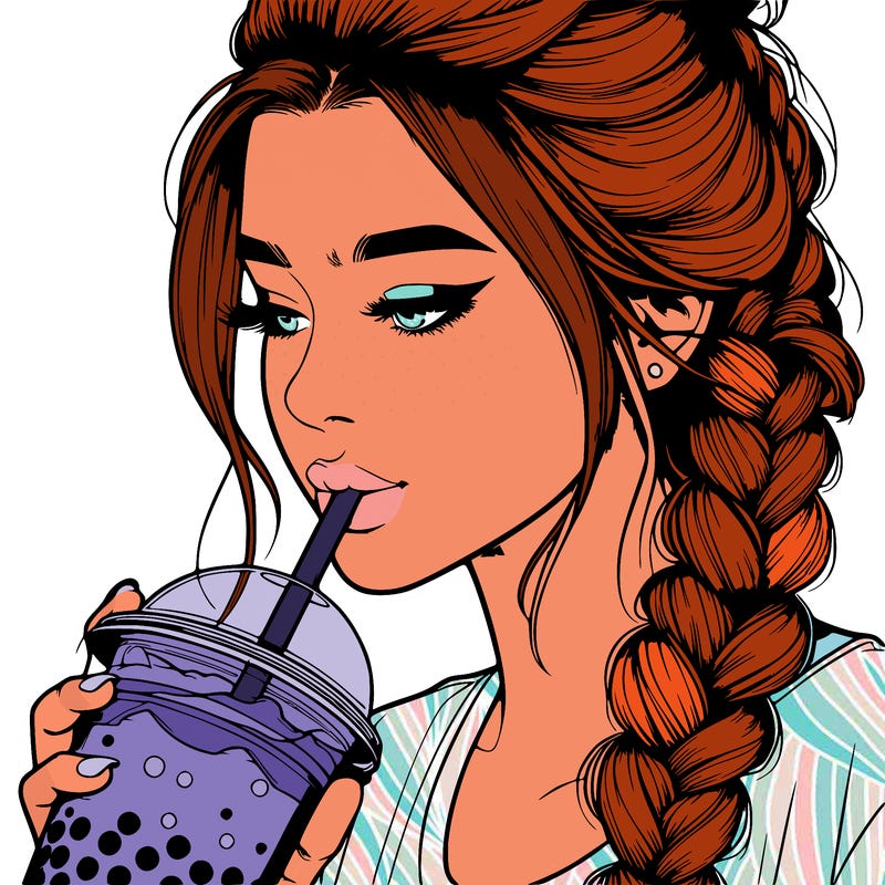 realistic girl drinking boba tea with braided hair