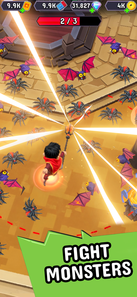 Wizario: Idle Survival - A wizard character in Wizario using bright magic light beams to attack a swarm of spiders and bats