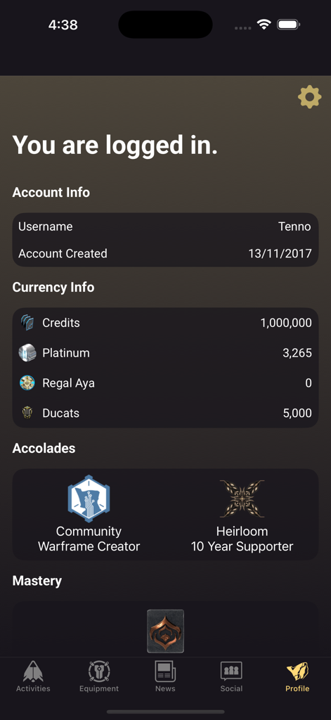 Warframe Companion mobile app profile screen showing account stats and currency