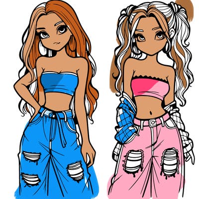 2 girls in crop tops and baggy jeans ripped