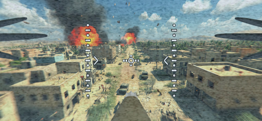 Vista in prima persona di un drone da combattimento che vola attraverso una città con veicoli militari ed esplosioni