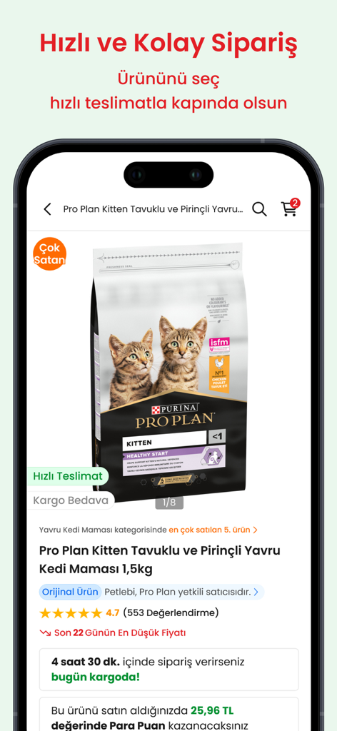 Petlebi - Schermata dello smartphone che mostra la pagina del prodotto dell'app Petlebi per cibo per gattini con prezzi e valutazioni