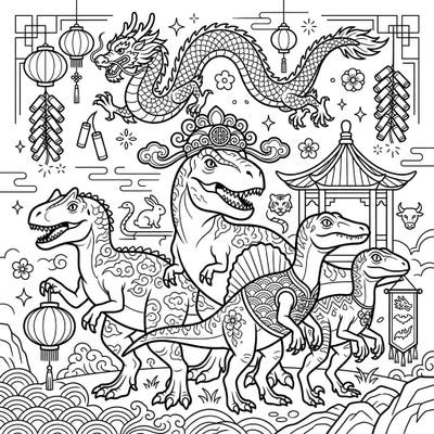 Unleash your creativity with this extraordinary Lunar New Year coloring page, where mighty theropod dinosaurs gather amidst festive decorations. Adorned with beautiful Asian patterns, these prehistoric pals invite you to celebrate the holiday in a truly unique way.