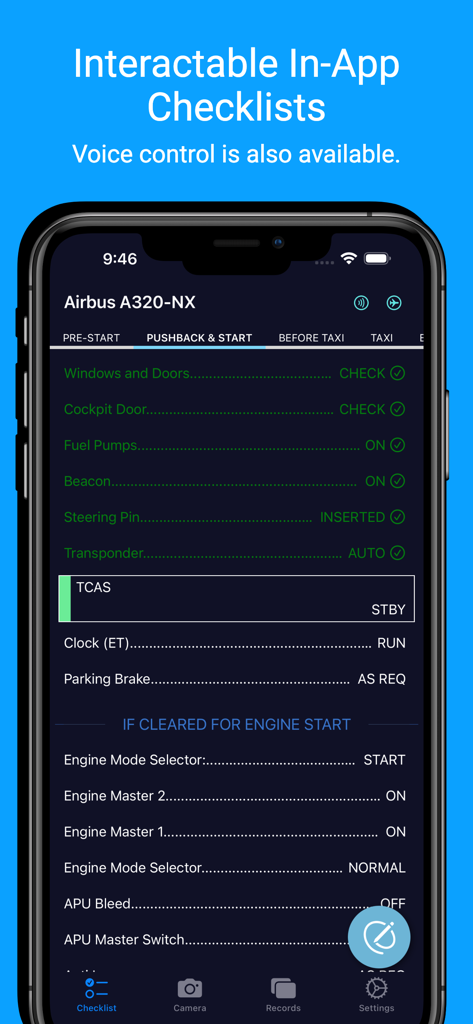 SimFly Pad - Interface of SimFly Pad showing an interactive flight checklist for an Airbus A320 aircraft