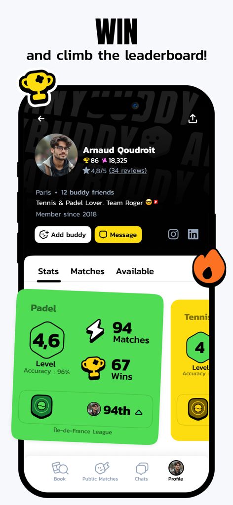User profile in the Anybuddy app showing padel statistics and league ranking