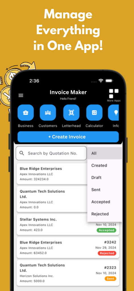 Invoice Maker App & Billing - Una interfaz de aplicación móvil para gestionar facturas comerciales y realizar un seguimiento del estado de los pagos